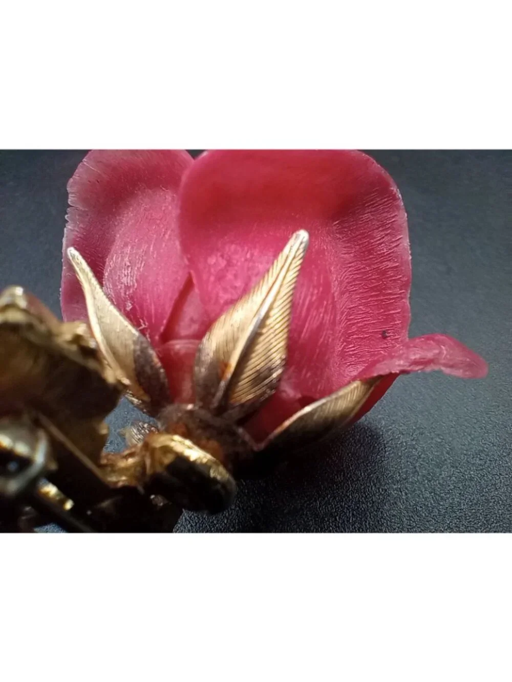 Vintage Pink Rose Brooch Pin Gold Tone Stem Leaves Signed BARI 3.25
